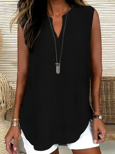 Women's Plain V-Neck Simple Versatile Vintage Shirt Vest, Casual Fashion Top for Daily Wear, Stylish Ladies' Clothing