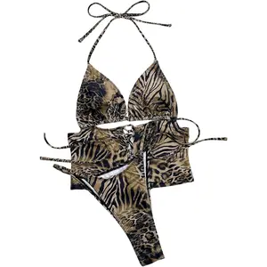 Women Mixed Zebra Leopard Animal Print Cutout One Piece Swimsuit, Halter Neck Deep Front Lace Up High Cut Leg Slim Fit Bathing Suit for Summer Beach Swimming Pool Holiday