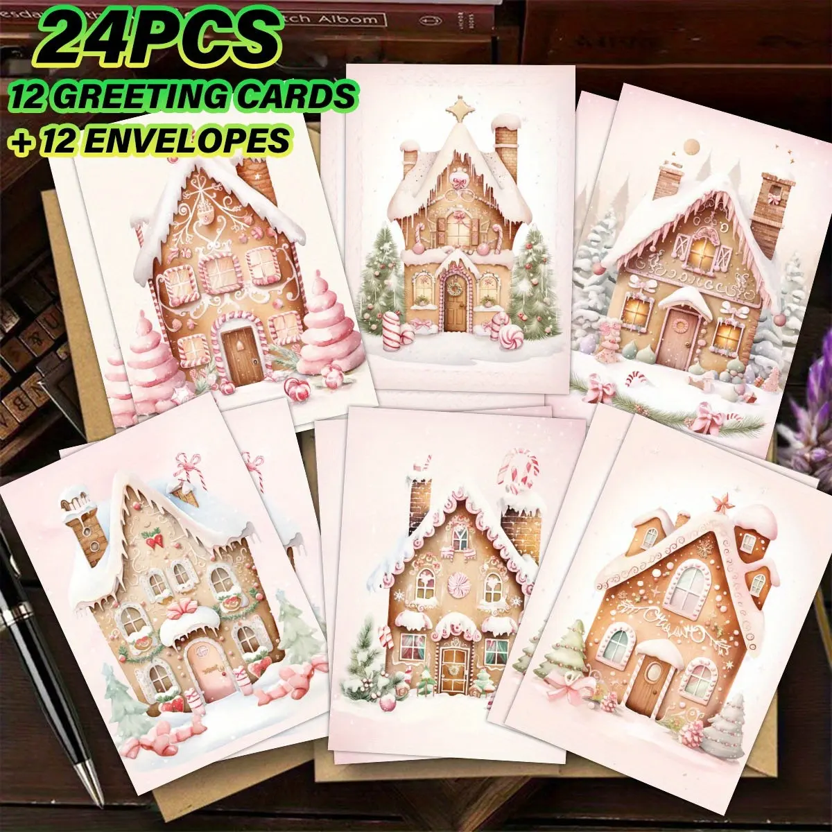 24pcs Christmas Gingerbread House Greeting Cards Set