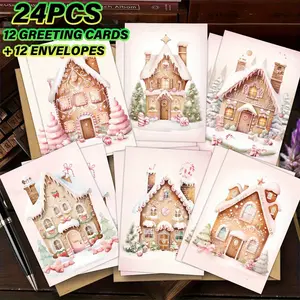 24pcs Christmas Gingerbread House Greeting Cards Set