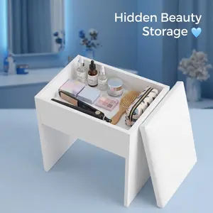 Aesthetic Creamy White Storage Vanity Seat | Minimalist Modern Dressing Stool | Compact 15.7” Height Makeup Chair | High-End Bedroom Decor & Organization