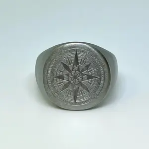 Stainless Steel Compass Rose Signet Ring – Brushed Silver Tone Nautical Navigation Statement Ring Waterproof Tarnish Free