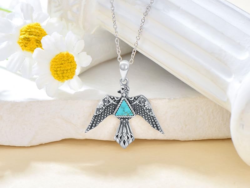 Turquoise Thunderbird Necklace 925 Sterling Silver Genuine Turquoise Gemstone Southwestern Thunderbird Pendant Western Jewelry Gifts for Women