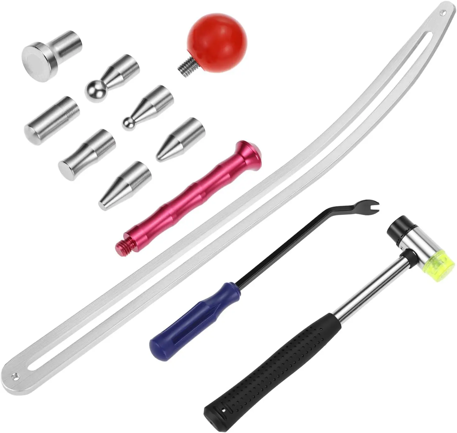 Car Dent Removal Tool Kit, Stainless Steel Auto Fender Repair Puller, Crowbar Tools Hook Rods, Lifter Big Curved Rod, with Curved Rods, Rubber Mallet, and Hooks