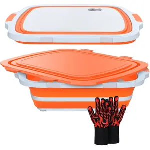 XL Collapsible BBQ Prep Tub with  Board & Drain Plug  Portable  Prep Station for Kitchen, Camping & Grill  Dishwasher Safe, Space-Saving Design  (Orange)