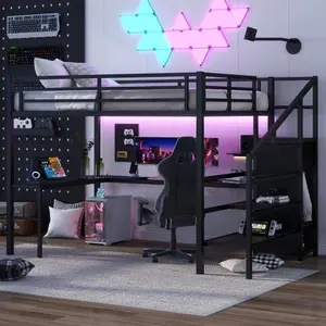 【Bellemave】Twin XL/Full XL/Full/Queen  Size Loft Bed with L-shaped Desk and USB, Metal Loft Bed with Wardrobe and Adjustable Shelf, High Loft Bed with LED for Kids Teens Adults
