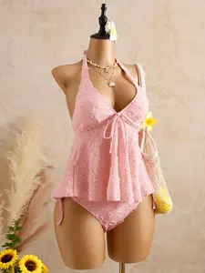 2026 Summer Women's V-Neck Halter Tie Ruffle Cover-Up Two-Piece Bikini Swimsuit, Cute Graphic Loose-Fitting Set, China Made