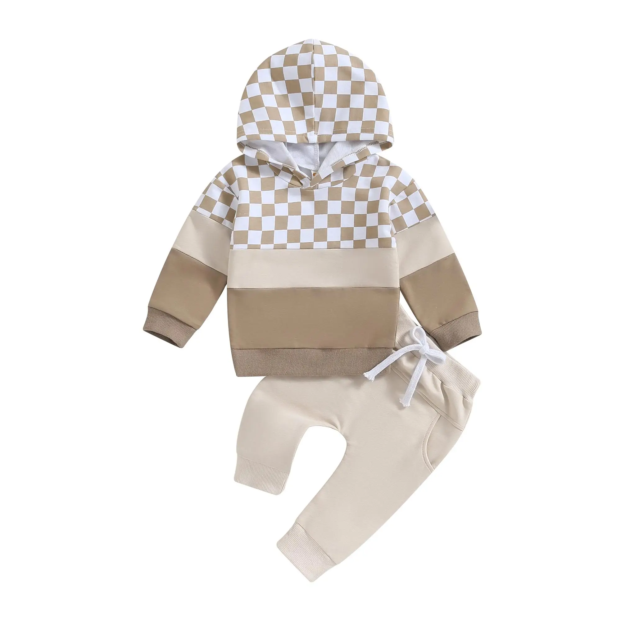 Baby Boys Pants Set, 0-3 Years Long Sleeve Hooded Plaid Hoodie with Elastic Waist Sweatpants Infant Clothes Casual Cotton