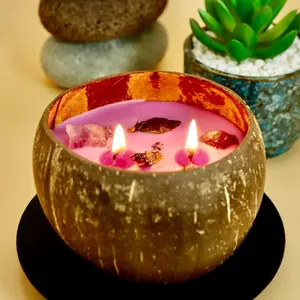 Coconut Shell Soy Wax Candle – Sandalwood Rose Crystal Candle | Relaxation Home Decor