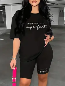 Women's Letter Print Round Neck Short Sleeve and Shorts Set, Casual Slim-Fitting Two-Piece, Daily Wear Fashion Ensemble, Matching Outfit Set