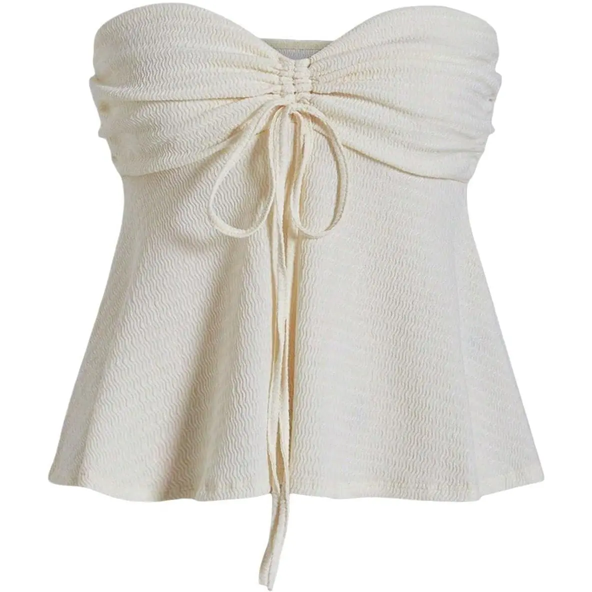 Women's Adjustable Tie-Front Ruched Strapless Tube Top, Flared Hem Peplum Bandeau, Beige Minimalist Sleeveless Top for Bridal & Casual Summer Womenswear, Tube Tops
