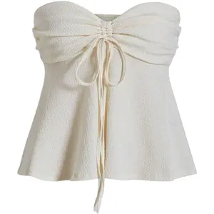 Women Tie Front Ruched Tube Top Strapless Flared Hem Peplum Bandeau Tops Womenswear Bridal Beige Basic Casual Sleeveless Minimalist Effortless Summer Look