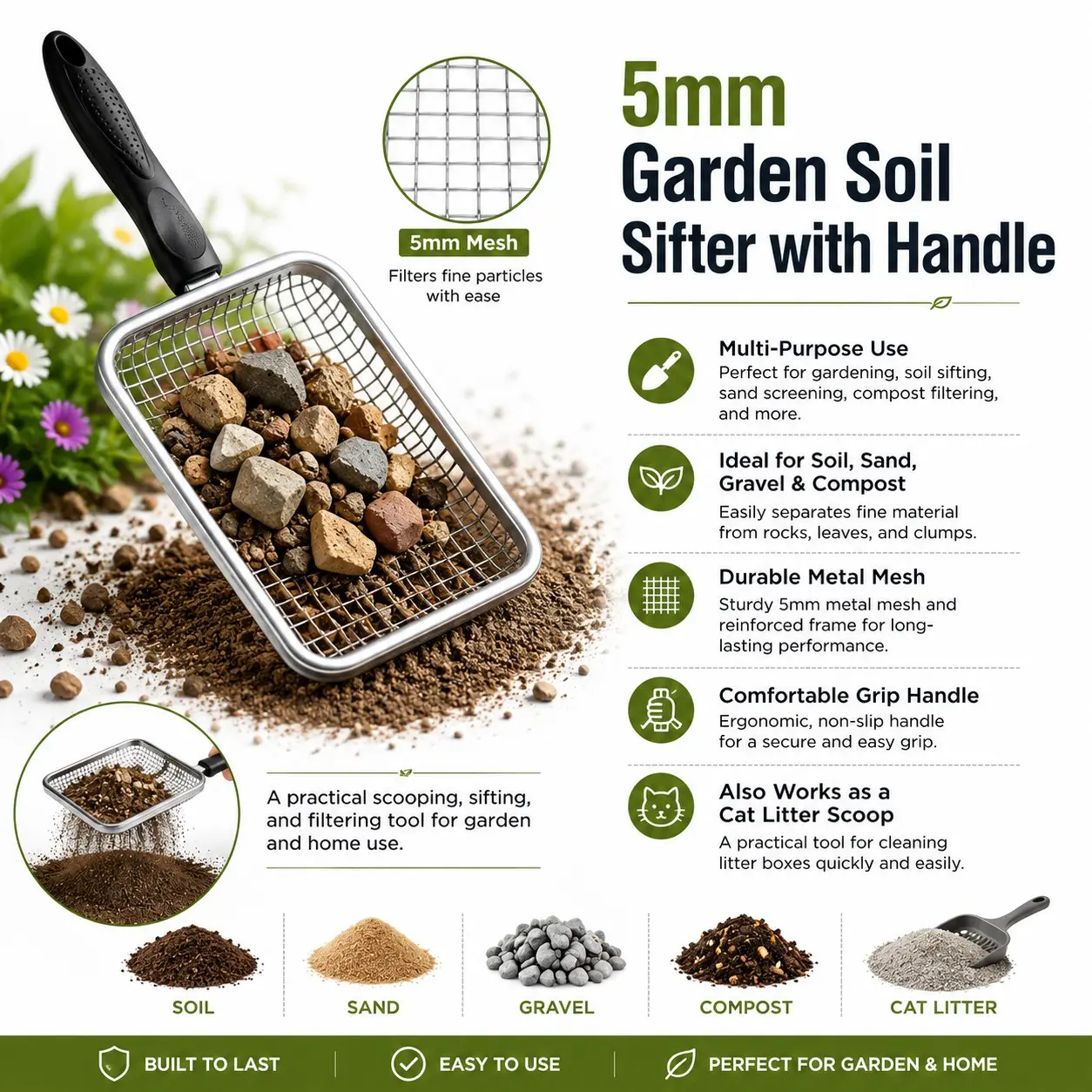 Garden Soil Sifter with Handle, Ideal for Sand, Gravel, Soil, Compost, Perfect for Gardening, Efficient Soil Screening Tool
