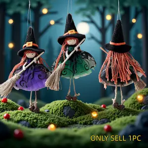 1Pc Witch Cloth Hanging Doll Ornament, Mesh Broom Angel Pendant With Bell, Long Leg Doll Decor For Christmas Tree, Exquisite Color & Unique Design, Ideal Scene Decoration For Halloween Christmas, Spooky Atmosphere Layout Ornament