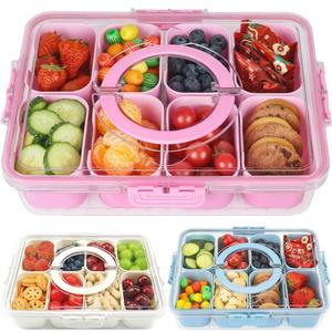 1pc divided serving tray with lid-snackle box charcuterie container for portable snack platters-clear organizer for candy, lunch bento box,perfect for party,travel(4/8 compartments), reusable lunch containers