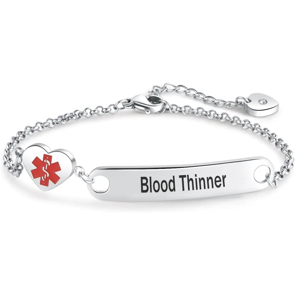 Medical Alert ID Bracelet for Women, Stainless Steel Heart Charm with Adjustable Chain for Epilepsy, Seizures, Type 1 Diabetes, Hypoglycemia, Female, Myasthenia Gravis, Addison's Disease, Modern, Health Alert