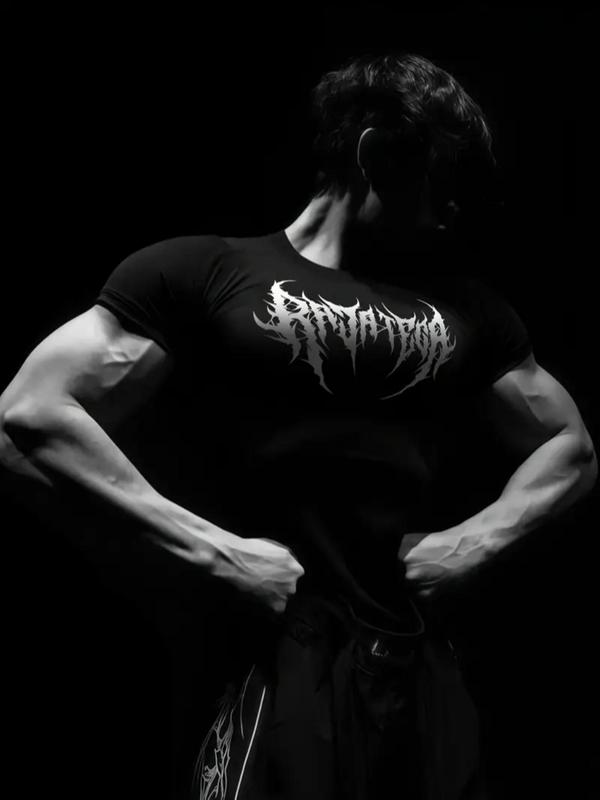 Gothic Men's Skull Letter Print Sports T-shirt, Street Style Tight Fit Top, Ideal for Crossfit and Summer Workouts, Gym Shirts