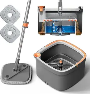 Spin Mop & Bucket Set with 2 Microfiber Pads, Dual Water Tank for Clean & Dirty Water Separation, 360° Adjustable Handle, Ideal for Hardwood, Laminate, Tile & More with Wringer