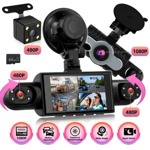 360° Dash Cam 4 Channel 1080P Front+3×480P Recording 3" IPS Screen 8 Night Vision Lights Motion Detection Loop Recording Reverse Aid Parking Monitor Support 64GB Card 13 Languages Universal Fit All Cars, Car Safety Device, Road Trip Camera