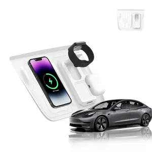 3-in-1 Wireless Charging Silicone Mat for Tesla Model Y&Model 3(2021-2023), Anti-Slip Fast Charging Pad Compatible with Smartphones, for Airpods, and Smartwatches, Durable Design for Car (White)