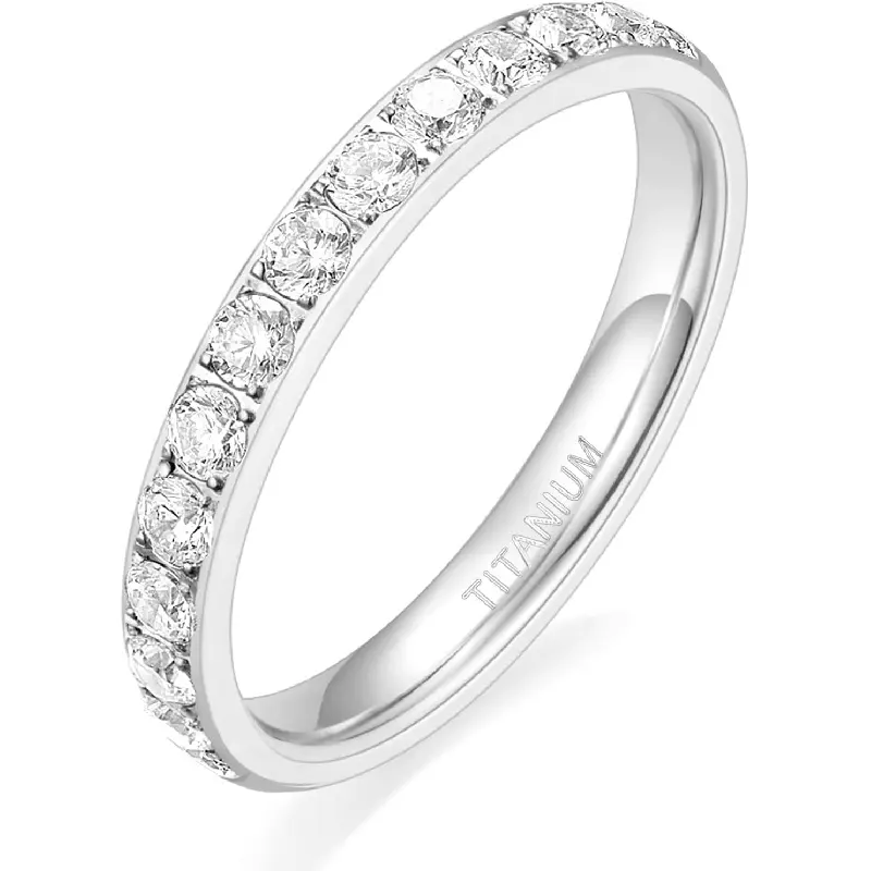 Women's 3mm Titanium Wedding Band, Minimalist Stackable Half Eternity Ring with CZ Inlay, Hypoallergenic Promise Jewelry for All Occasions, Cubic Zirconia, Anniversary Gift, Female