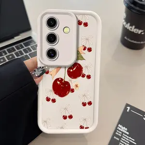 TPU Phone Case suitable for Samsung Galaxy S23 Ultra S24 S25 S22+ S20 FE Pro Plus 5G Cherry Bow Delight Pattern Pocket-Friendly Shockproof Protective Soft Smartphone Casing