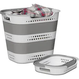 Collapsible Plastic Laundry Basket Hamper with Handles, Large 42L Portable Rubber Clothes Basket, Pop Up Storage Container/Organizer for Washing & Storage, Grey