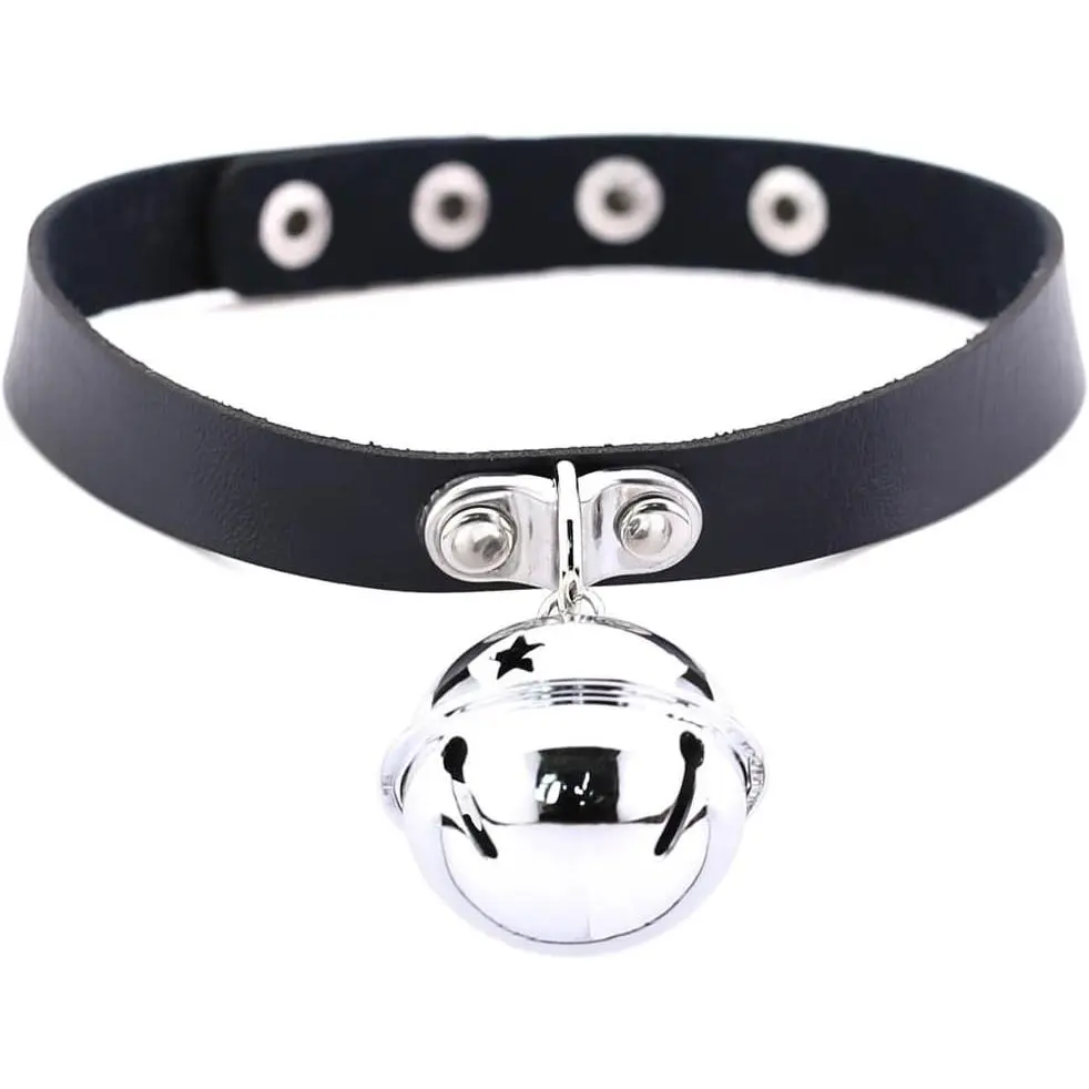 Multicolor PU Simulated Leather Silver-tone 4cm Large Bell Pendant Neckband Choker Necklace