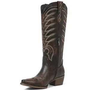 EROCALLI Women's Embroidered Suede  Cowboy Boots for Women Knee High Cowgirl Western Boots Womens Embroidered Tall Cowboy Boot Comfort Fashion Western Cowboy Boots  Mid Calf Pointed Toe Chunky Heel Booties for Casual Country Outfits