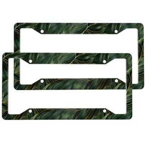 2pcs Green Gold Leaves License Plate Frame Aluminum License Plate Holder Funny License Plate Decorative with Screws Size 12.2x6.3 Inch Men Women Car Accessories