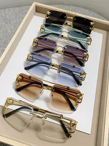 Luxury Square Gold Frame Fashion Sun Glasses Metal Leopard Rimless Sunglasses Double Bridges Gradient Ocean Film Shades UV400 Trendy Casual Sunglasses