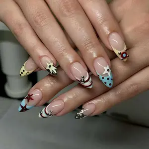 RETRO STELLAR | Star & Polka Dot Press On Nails | Colorful Mix & Match French Fake Nails | Mod Y2K Aesthetic | Custom Silver Bead Almond Set 2026