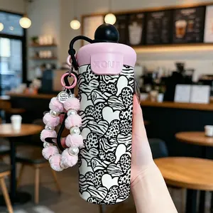 600ML Insulated Tumbler with Straw, Pearl Bead Bracelet, Heart Zebra Print, Stainless Steel, Leak-Proof, Travel Cup, Fashion Gift for Women