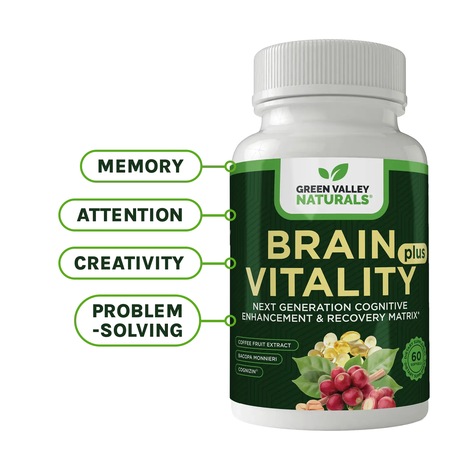 Brain Vitality Plus - Brain, Focus & Memory Support Softgels with Neurofactor, Cognizin, Bacopa & DHA Omega-3, 60 Softgels