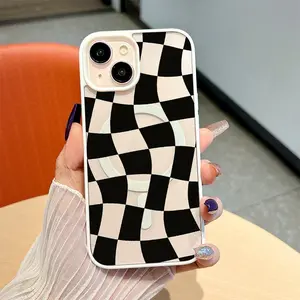 This protective case features a black and white wavy checkered design, magnetic closure, a clean feel, and is drop-proof and scratch-resistant. It is compatible with iPhone 17 Pro Max, 17, 17 Air, 16 Pro, 15 Plus, 11, 12, 13, and 14 Max.