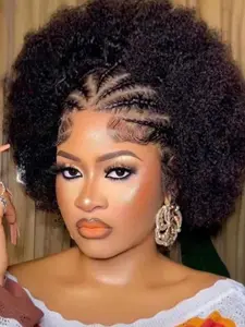 13x4 Lace Frontal Short Afro Kinky Curly Bob Braided Hair Wig, 8 Inch Wigs, Preplucked Bouncy Curly Wig for Women, Glueless Curly Wig