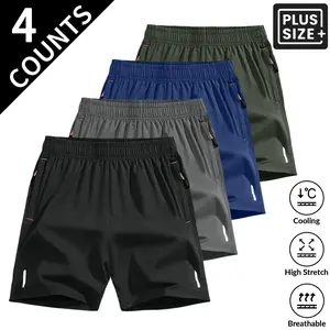Plus Size Men’s 4 Pack Lightweight Soft Fabric Shorts with Zipper Pockets and Drawstring Elastic Waist — Suitable for Daily Commuting, Sports, and Casual Wear