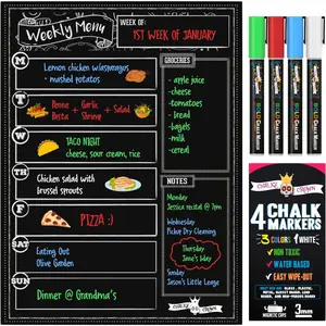Magnetic Dry Erase Menu Board for Fridge Includes 4 Liquid Chalk Markers - Weekly Meal Planner Blackboard, Grocery List & Notepad
