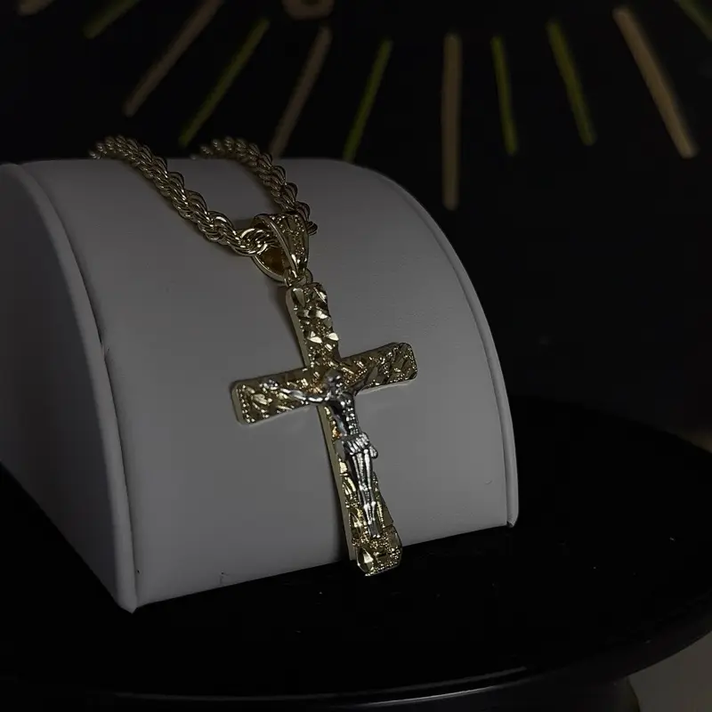 Gold Plated Cross with Nuggets Details 24 Inch Rope Chain Unisex Jewelry Fashionable Accessory Statement Religious Necklace Sentimental Necklaces for Men and Women, Cross Necklace, Gold Chain Necklaces