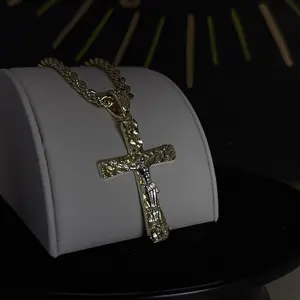 Gold Plated Cross with Nuggets Details 24 Inch Rope Chain Unisex Jewelry Fashionable Accessory Statement Religious Necklace Sentimental Necklaces for Men and Women