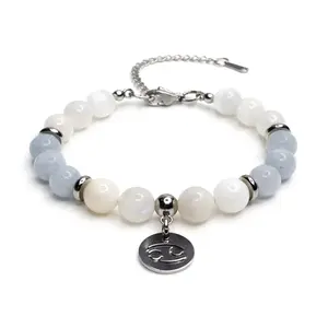 FIMENESS - CANCER ZODIAC ENERGY SELENITE, AQUAMARINE AND MOONSTONE NATURAL STONE STAINLESS STEEL HANDMADE BRACELET