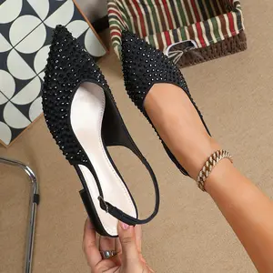 Womens Slingback Flats Comfortable Ballet Flats Women Pointed Closed Toe Dress Shoes Black Slip On Teacher Shoes Rhinestone Low Heels for Women Flatform for Business Party Office Casual Wedding Holiday School