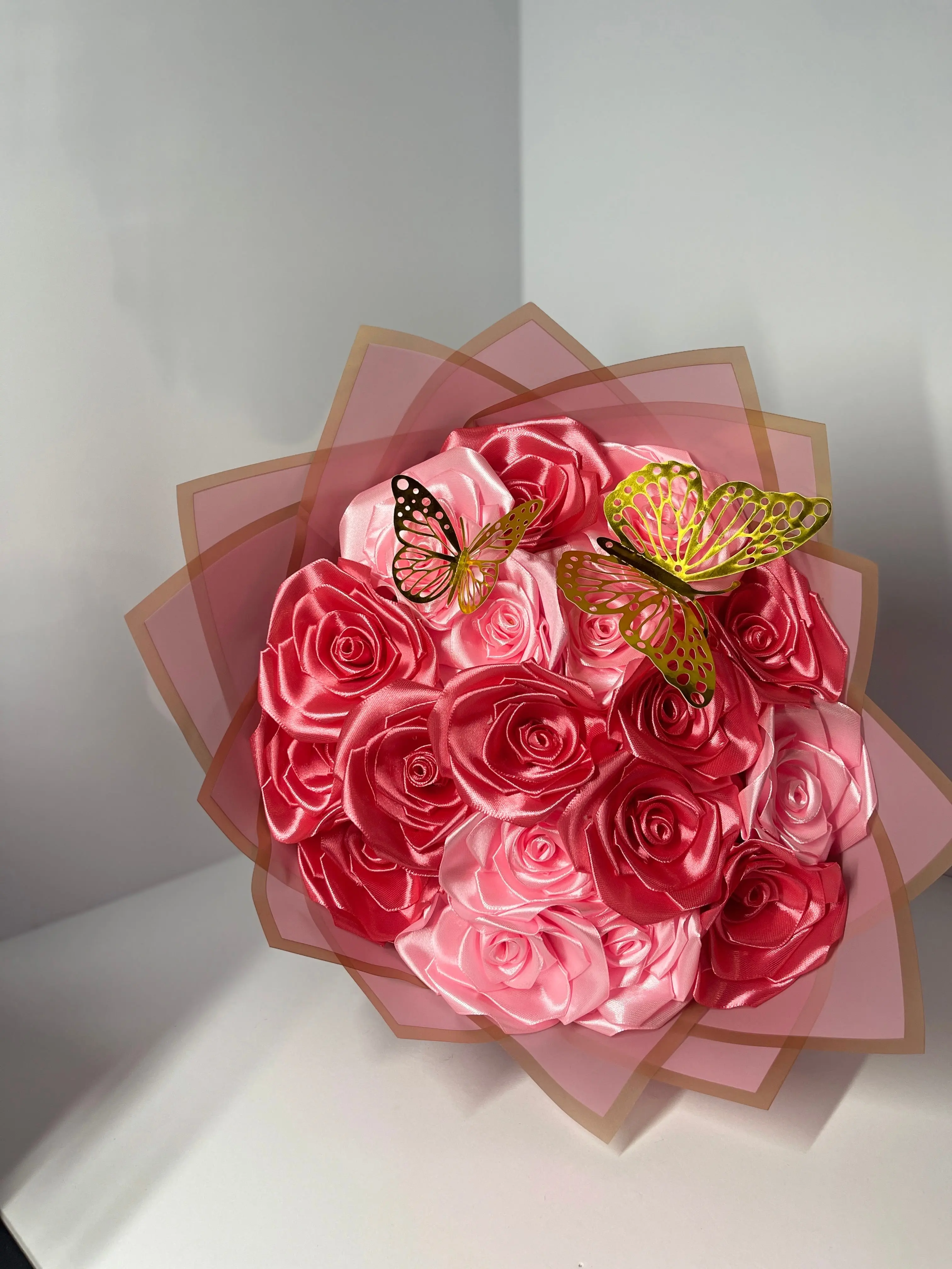 Handcrafted Satin Ribbon Handfolded Roses Bouquet - Princess Pink, Metallic Golden Crown, Butterfly Decorative Piece for Birthday Party Gifts, Home & Festive Supplies