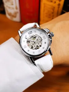 1pc Fashion Business Skeleton Automatic Mechanical Watch for Women Luminous Hands White Leather Strap Classic Elegant Ladies Watches Top Brand Luxury Wristwatches