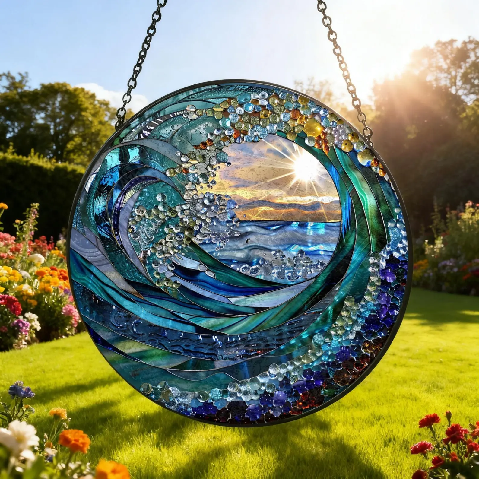 Ocean Wave Sunset Suncatcher Mosaic Stained Glass Window Hanging Panel Handcrafted Textured Glass Acrylic Beads Garden Patio Sun Catcher Ornament Home Decor Aesthetic Beach Lover Gift