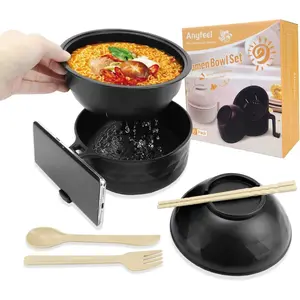 Microwave Ramen Bowl Set with Chopsticks Spoon Ramen Noodle Bowl Instant Cooking for College Dorm Room Essentials, DishwasherSafe, BPAFree (Black)