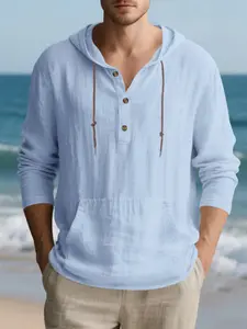 New Spring Fall Men's Linen Solid Color Loose Long Sleeve T-Shirt, Sporty Casual Fashion Breathable Pocket Hooded Henley Shirt