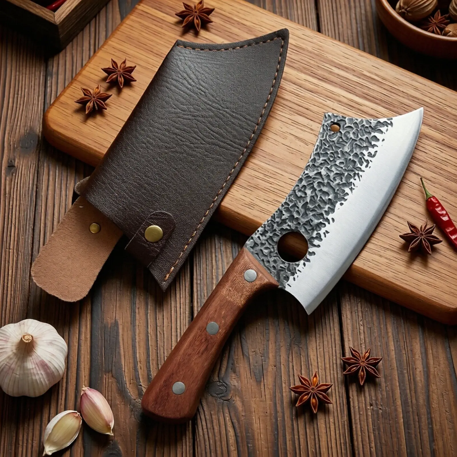 Premium Forged Steel Butcher & Bone Knife with Wooden Handle, Portable Nakiri Shape Stainless Steel Knives for Home Cooking Kitchenware