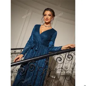Formal Dinner/Wedding/Prom Maxi Dress with Belted Wrap Design and Glitter — Perfect for Evening Guests