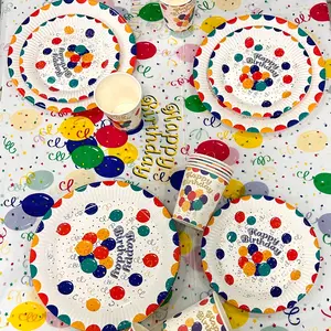 30-Piece Colorful Balloon Party Supplies Set, Includes Plates & Cups for Wedding Birthday Parties, Disposable Tableware for 10 Guests